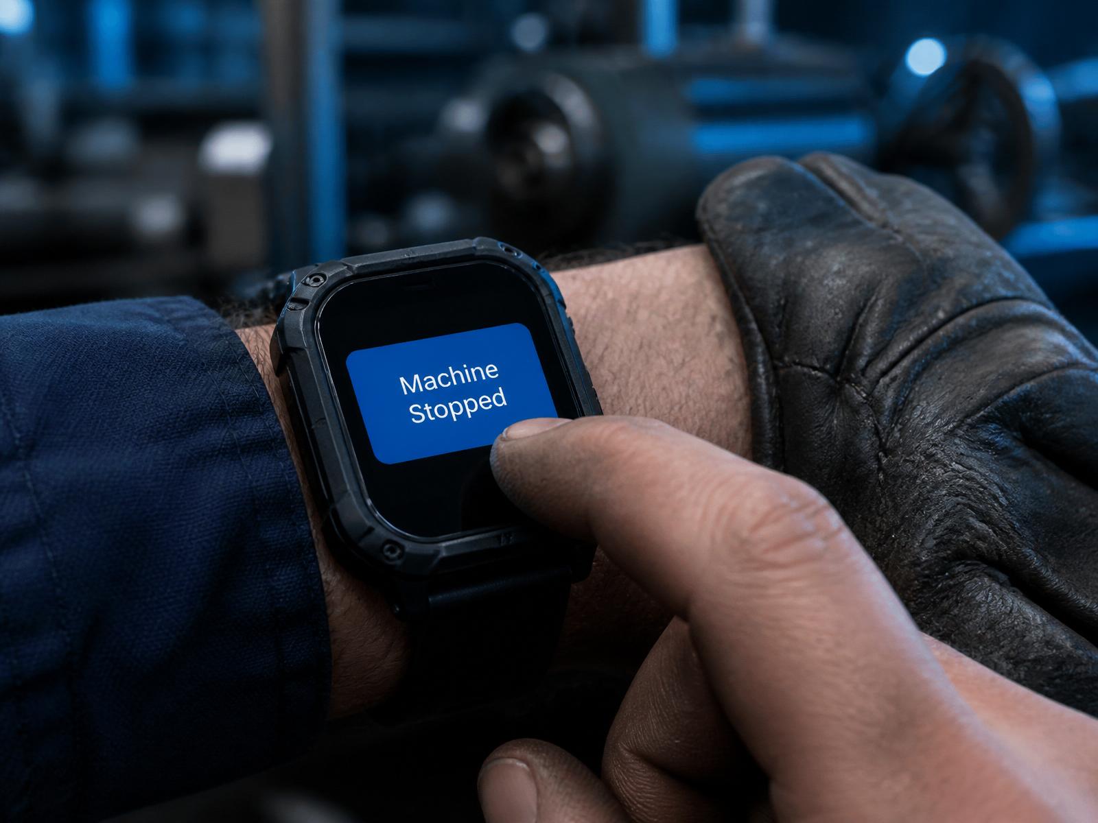Factory operator tapping Machine Stopped on a rugged Mejflow smartwatch